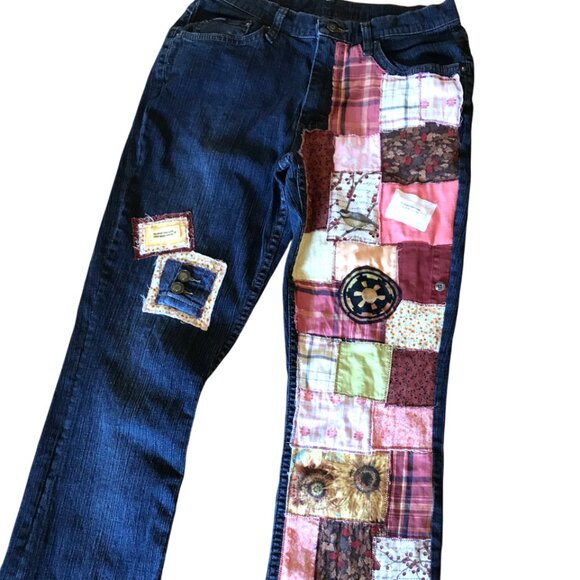 Boho Patch Jeans, Size 12: Upcycled Distressed Hippie Pants, Artisan Patchwork - Picture 10 of 12